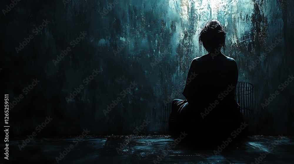 fine art stock image capturing the emotional weight of loneliness and isolation with a woman sitting in a small cage fine art stock image capturing the emotional weight of loneliness and isolation with a woman sitting in a small cage