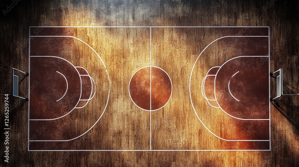 Obraz premium Aerial view indoor court, game, wood floor, lights, hoops