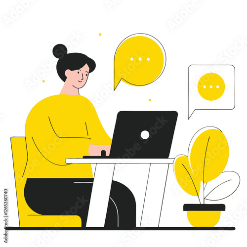 A young, diverse woman with light skin works on a laptop, participating in an online conversation with speech bubbles around her, accompanied by a plant, illustrating modern communication.