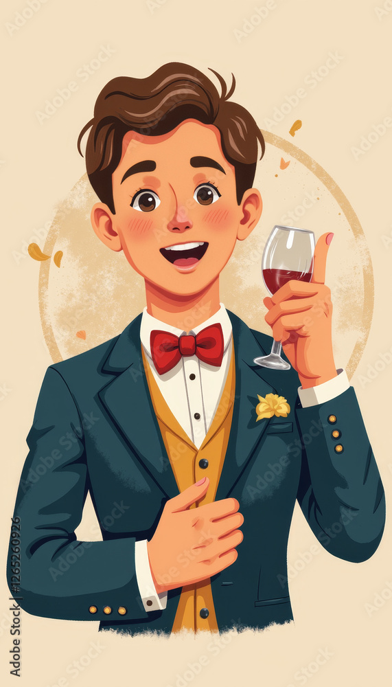 Cheerful groom toasting with wine in a festive setting, celebration Cheerful groom toasting with wine in a festive setting, celebration