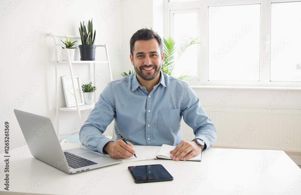 Man takes notes at a white desk in a bright, modern home office Man takes notes at a white desk in a bright, modern home office