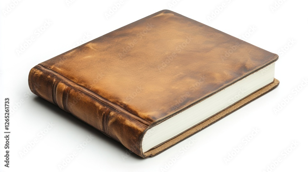 Leather journal, blank pages, studio, white background, publishing Leather journal, blank pages, studio, white background, publishing