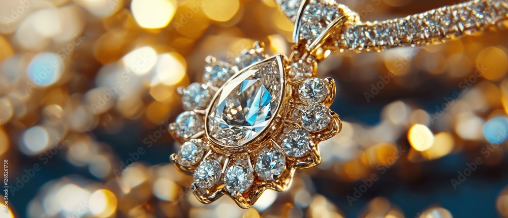 Fototapeta premium Hyper-detailed rose gold jewelry display, sparkling diamonds and gemstones, soft luxury lighting