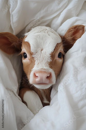 Close-up of a adorable baby cow with brown and white spots peeking out from under a white blanket. Cute animal poster