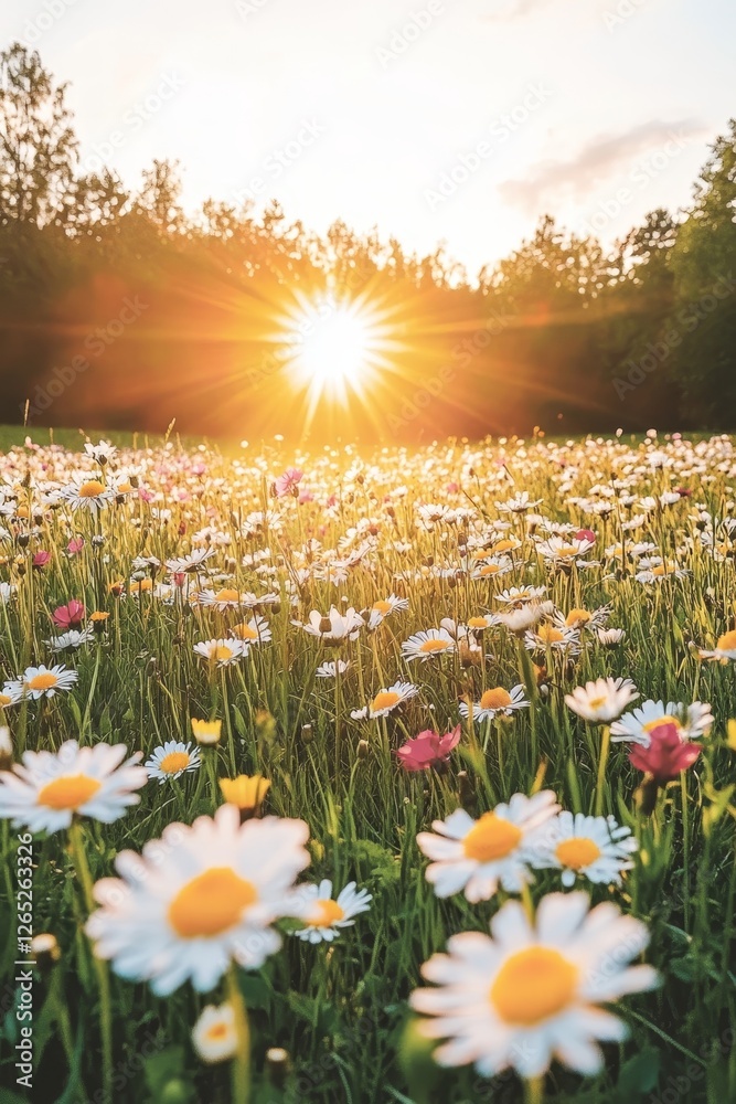 Fototapeta premium Sunset Meadow Bloom, Vibrant Wildflowers, Golden Hour Tranquility, Summer Nature Background