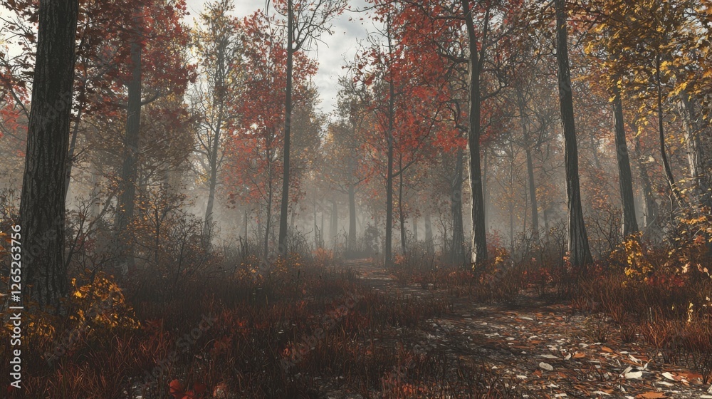 Obraz premium Serene Autumn Forest Path with Vibrant Foliage and Mystical Fog in a Picturesque Natural Landscape
