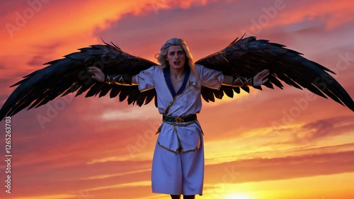 The angel Lucifer, exiled from paradise, falls from heaven, unable to fly on his broken black wings anymore, 4K High-Quality animation video photo