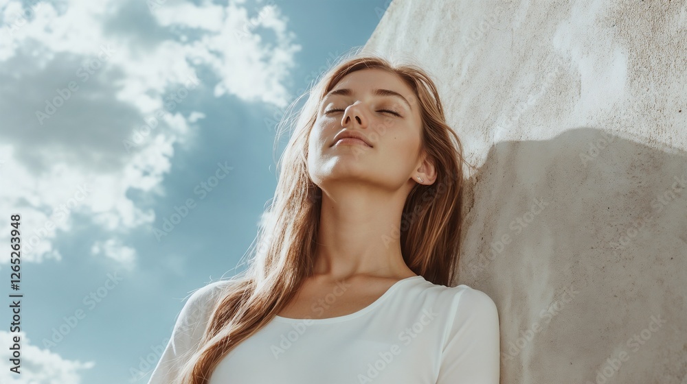 Serene woman in white against sky and architecture. Perfect for wellness, spiritual journey, or personal transformation themes. Serene woman in white against sky and architecture. Perfect for wellness, spiritual journey, or personal transformation themes.