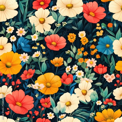 Vibrant Seamless Botanical Wallpaper Pattern Featuring Colorful Flowers and Lush Greenery for Nature-inspired Decor