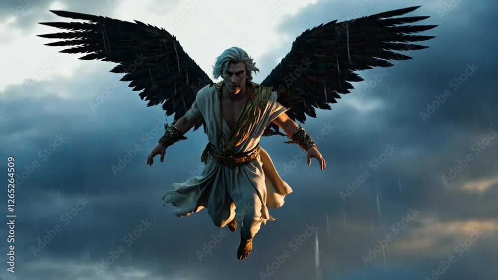 The angel Lucifer, exiled from paradise, falls from heaven, unable to fly on his broken black wings anymore, 4K High-Quality animation video