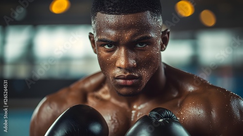 powerful black male boxer in intense training preparing for a fight standing in a ready stance with boxing gloves on in gym lighting