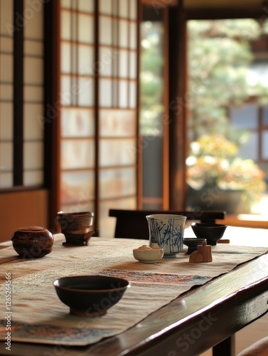 Traditional japanese tea service set on a wooden table photo