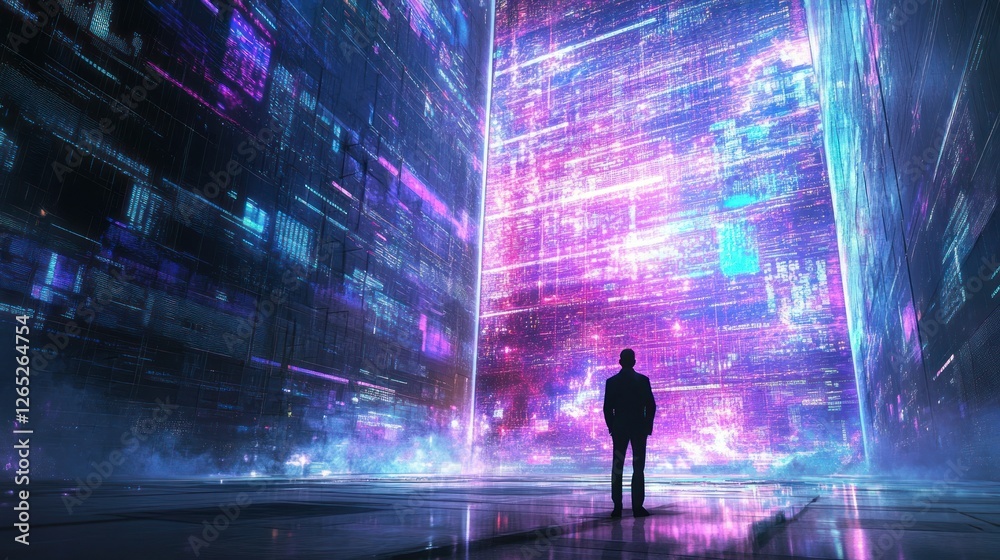 Man facing futuristic city data wall Man facing futuristic city data wall