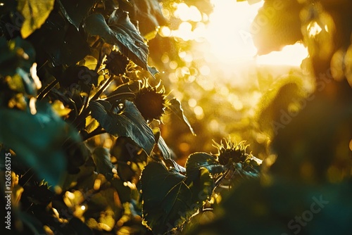 As the sun sets on a warm summer evening, a beautiful sunflower graces a peaceful meadow, creating a calm and tranquil countryside moment. The sunflower growing in the evening field is perfect for an photo