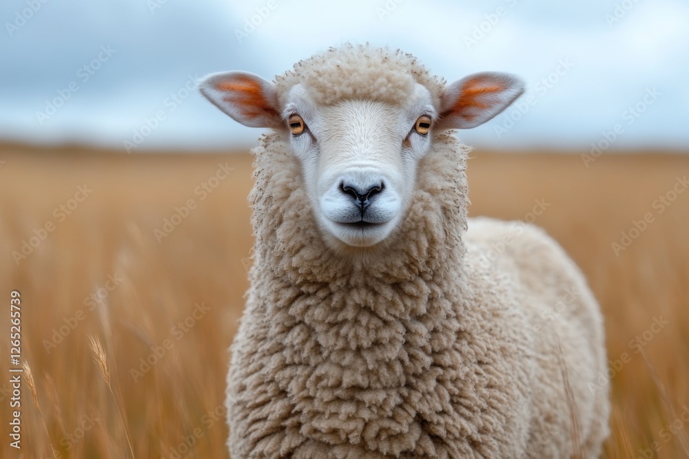 Close-up of a sheep standing in a golden wheat field Close-up of a sheep standing in a golden wheat field