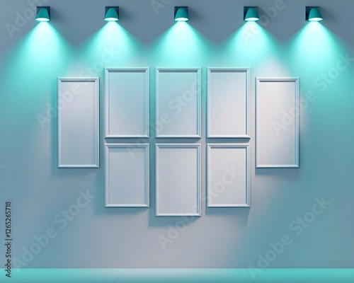 A trapezoidal white wall lit by six teal spotlights, featuring six rectangular blank frames forming a triangular cluster.