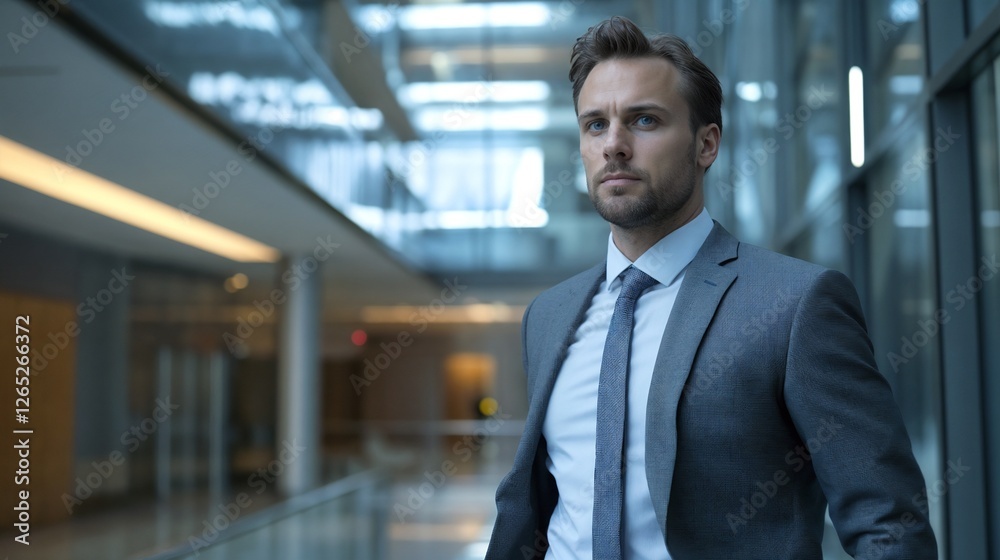 Investment advisor analyzing data in modern office corridor. Perfect for financial services, wealth management, and professional expertise themes Investment advisor analyzing data in modern office corridor. Perfect for financial services, wealth management, and professional expertise themes