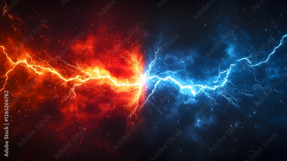 Fototapeta premium epic battle screen with red and blue lightning colliding in a powerful explosion of energy perfect for competitive esports and versus game design