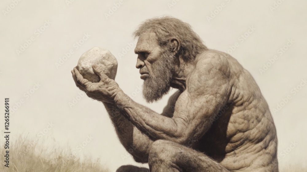 Fototapeta premium Ancient man examines stone, prehistoric landscape