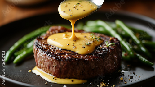 Grilled steak with mustard sauce on black plate, culinary delight, food photography