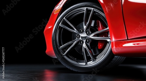 Red sports car wheel, dark studio
