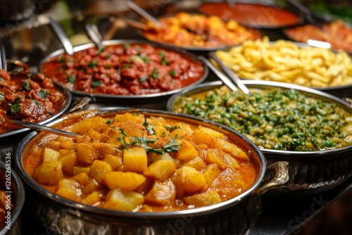 Colorful Indian street food displayed in large metal trays at a market stall photo