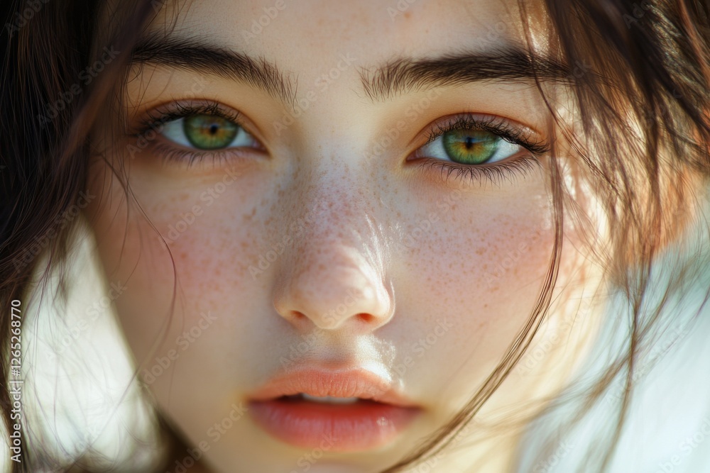 Fototapeta premium Close-up portrait of a young woman with green eyes and freckles looking directly at the camera
