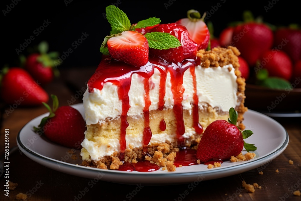 Strawberry cheesecake slice with red sauce on a plate, food photography background Strawberry cheesecake slice with red sauce on a plate, food photography background