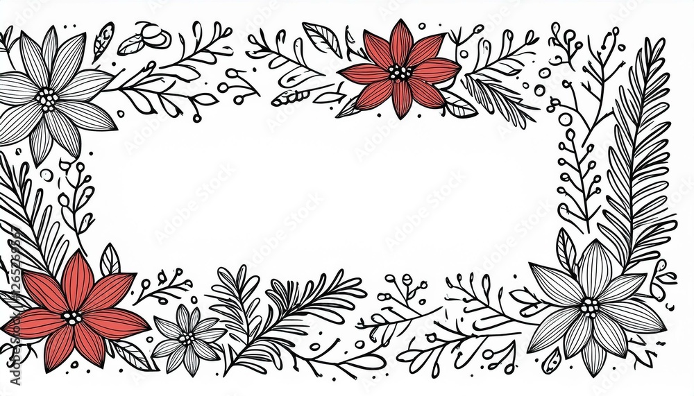 Fototapeta premium Chrirtmas floral frame with rectangle shape. Doodle hand drawn style wreath frame. perfect any project for christmas, wedding decoration.