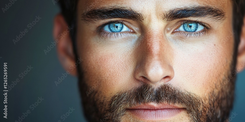 Closeup of a man with piercing blue eyes and a confident expression Closeup of a man with piercing blue eyes and a confident expression