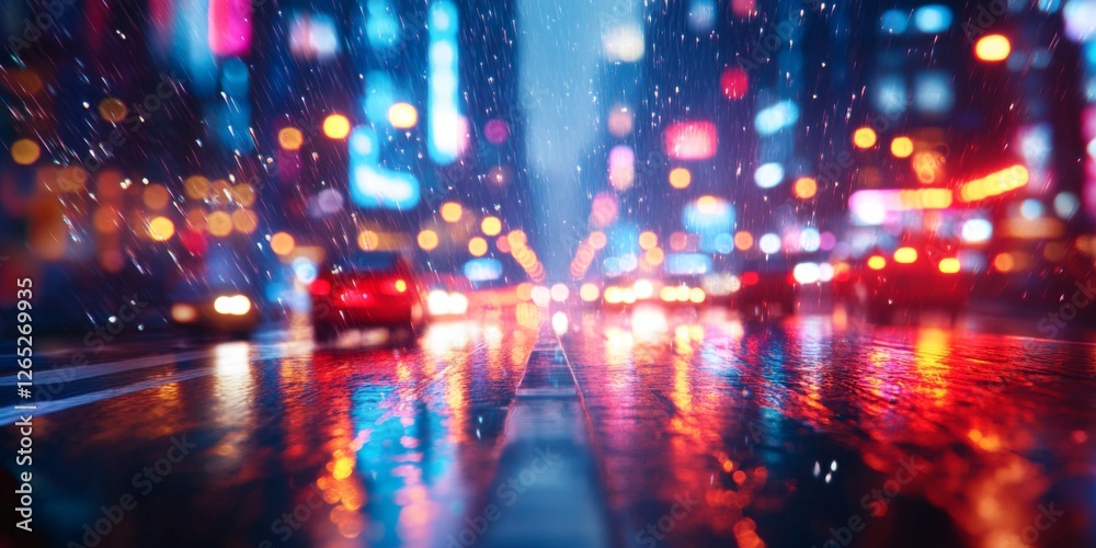 Obraz premium Rainy night cityscape with neon reflections on the wet streets