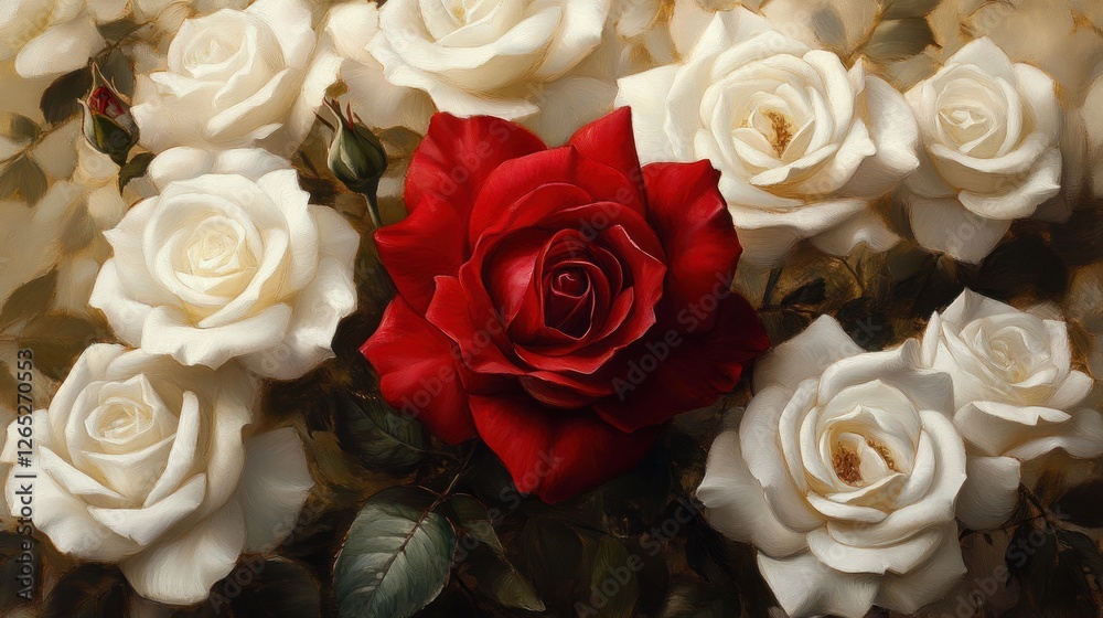 Obraz premium Red rose amidst white roses, artistic floral arrangement