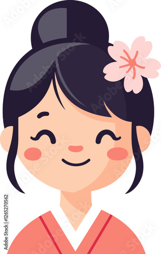 Cheerful girl wearing traditional attire with a flower in her hair cartoon isolated on transparent background. Vector illustration.