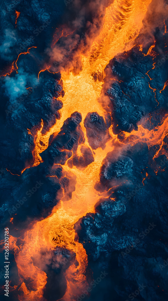 Fototapeta premium Aerial view of the erupting volcano 