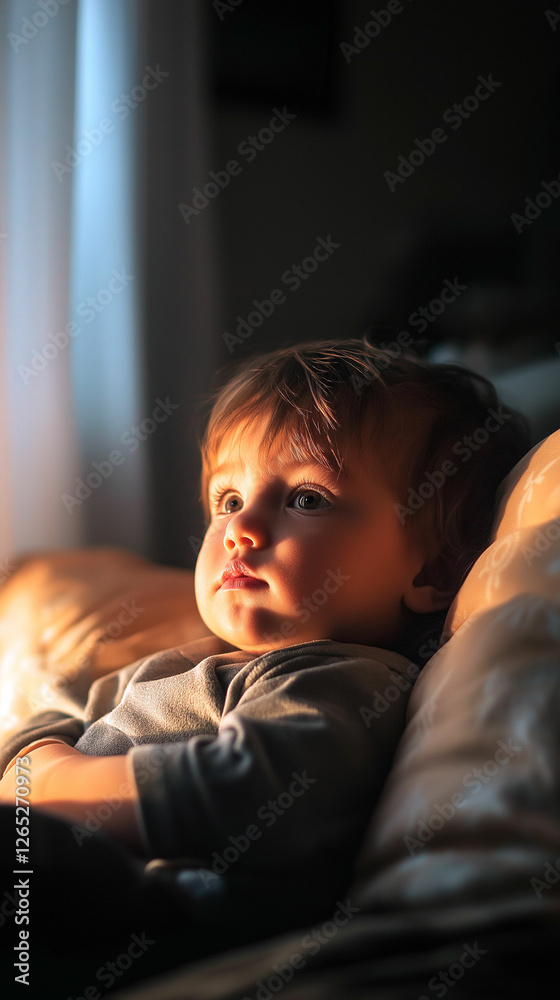 Fototapeta premium Child sitting comfortably on a couch while watching light from a window during the evening. Generative AI
