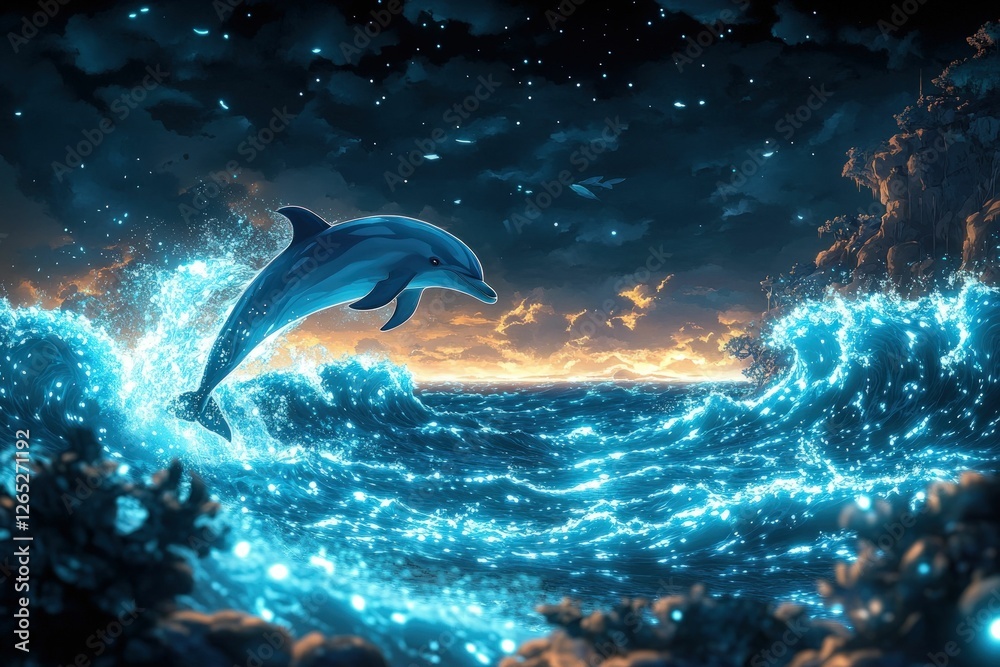 Fototapeta premium Dolphin leaps ocean waves sunset glow