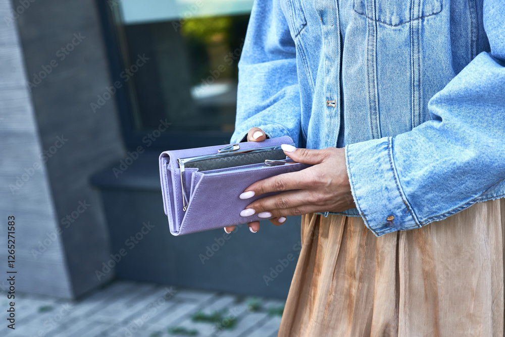 Closeup of woman hands holding purple wallet outdoors in denim jacket and beige skirt, urban style, fashion concept