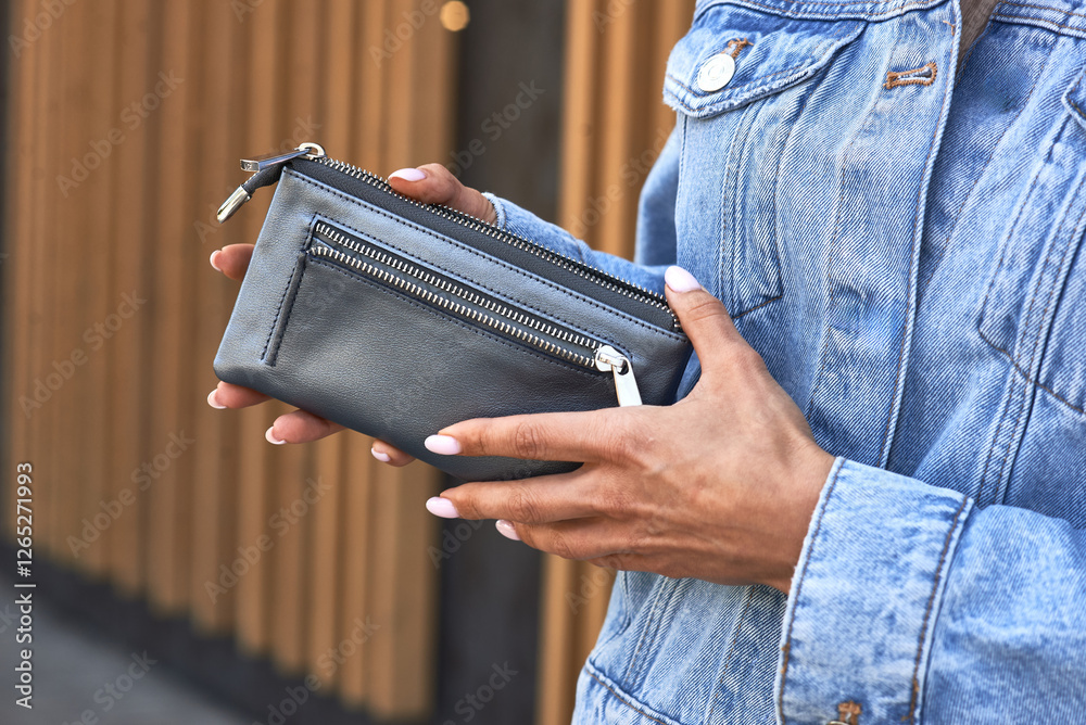 Woman holding stylish leather wallet, denim jacket, outdoor, casual fashion, street style elegance, minimalist accessory concept