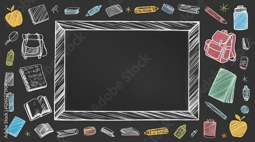 Hand-Drawn Chalkboard Frame with School Supplies Doodles – Blackboard Background for Education, PowerPoint Template, Slide Presentation, Classroom Theme, Sketch Style, and Creative Design