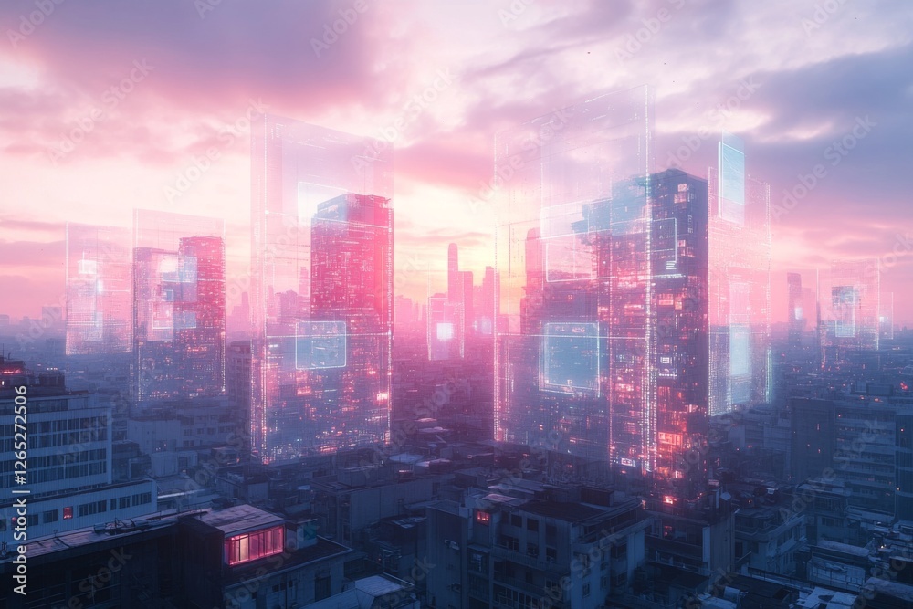 Fototapeta premium Futuristic city skyline at dawn with a pinkish-orange gradient sky