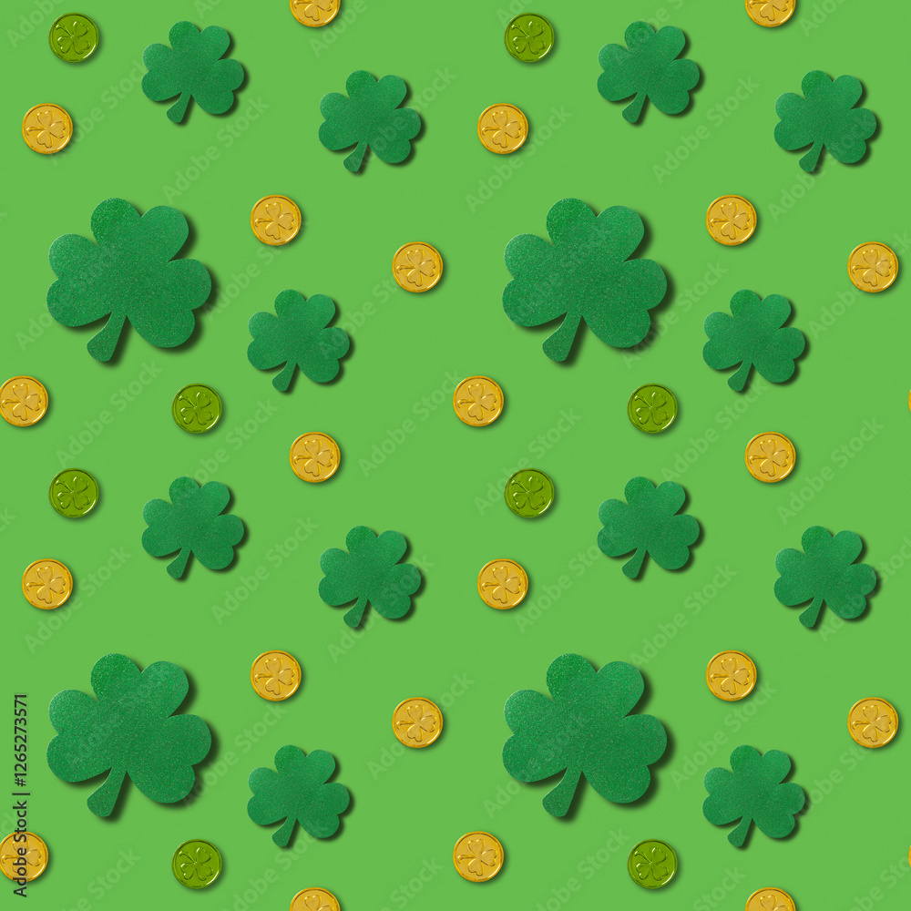 Seamless pattern for St. Patrick's day with clover leaves and coins on green background.