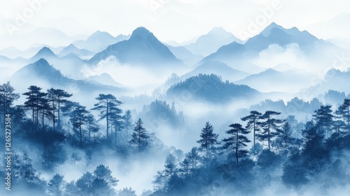 Misty mountain range, tranquil forest, serene landscape, wall art