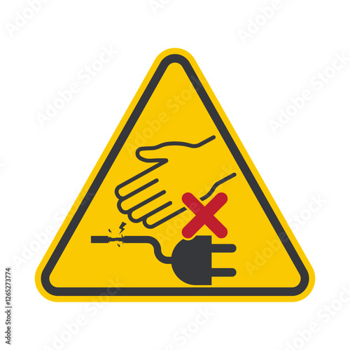 Isolated triangle safety sign : do not touch peeled wire or damaged cable, high voltage, shock hazard