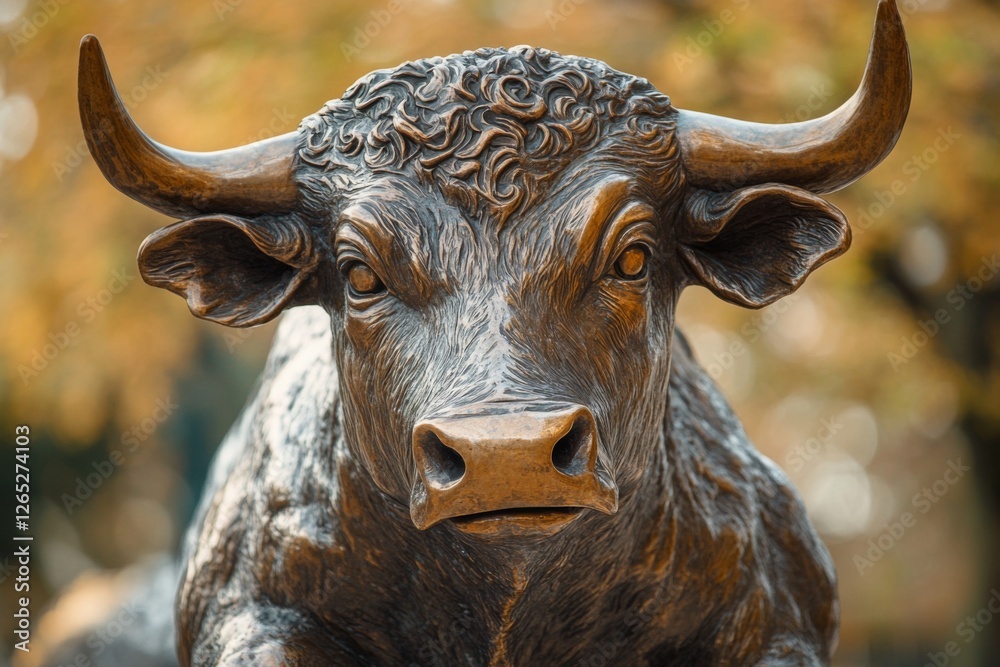 Bronze bull statue standing in an urban setting Bronze bull statue standing in an urban setting