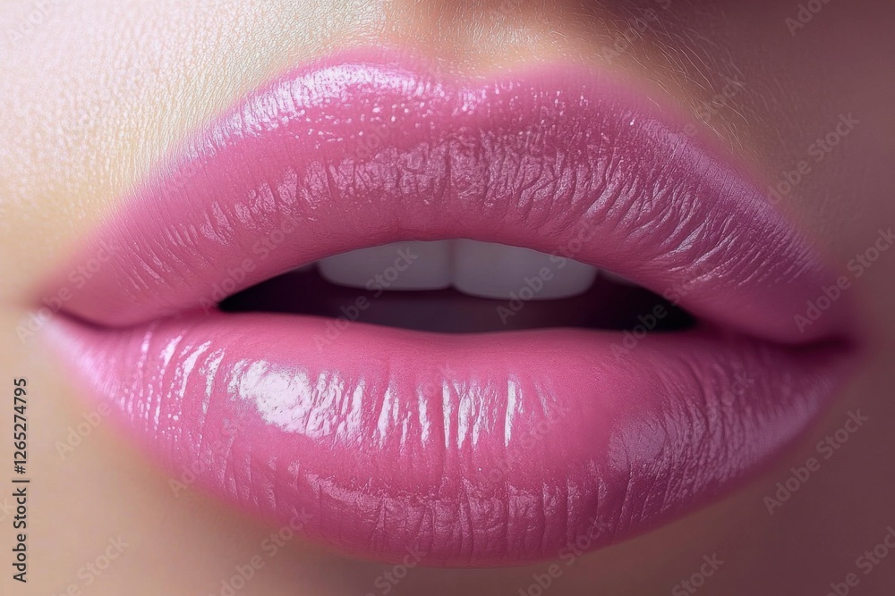 Obraz premium Beautifully shaped lips with glossy pink lipstick, showcasing a perfect smile in a close-up view