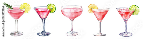 Collection of Pink Cosmopolitan PNG cocktails in martini glass. Watercolor illustration of a refreshing beverage. Drink art concept for design and print.	