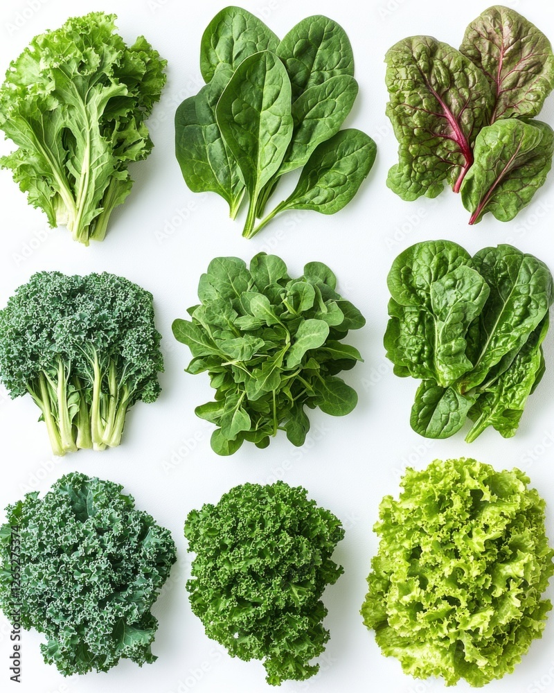 Fresh assortment of greens arranged in a grid showcasing variety in color and texture for healthy eating or cooking inspiration Fresh assortment of greens arranged in a grid showcasing variety in color and texture for healthy eating or cooking inspiration