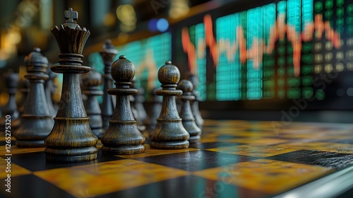 business strategy with chess king on board and financial market graph representing wealth planning and risk management