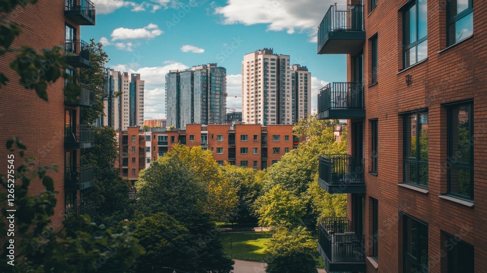 Obraz premium Cityscape view between buildings, green park
