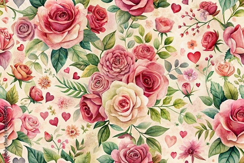 Watercolor Valentine's Day Floral Pattern: Romantic Roses & Hearts Design